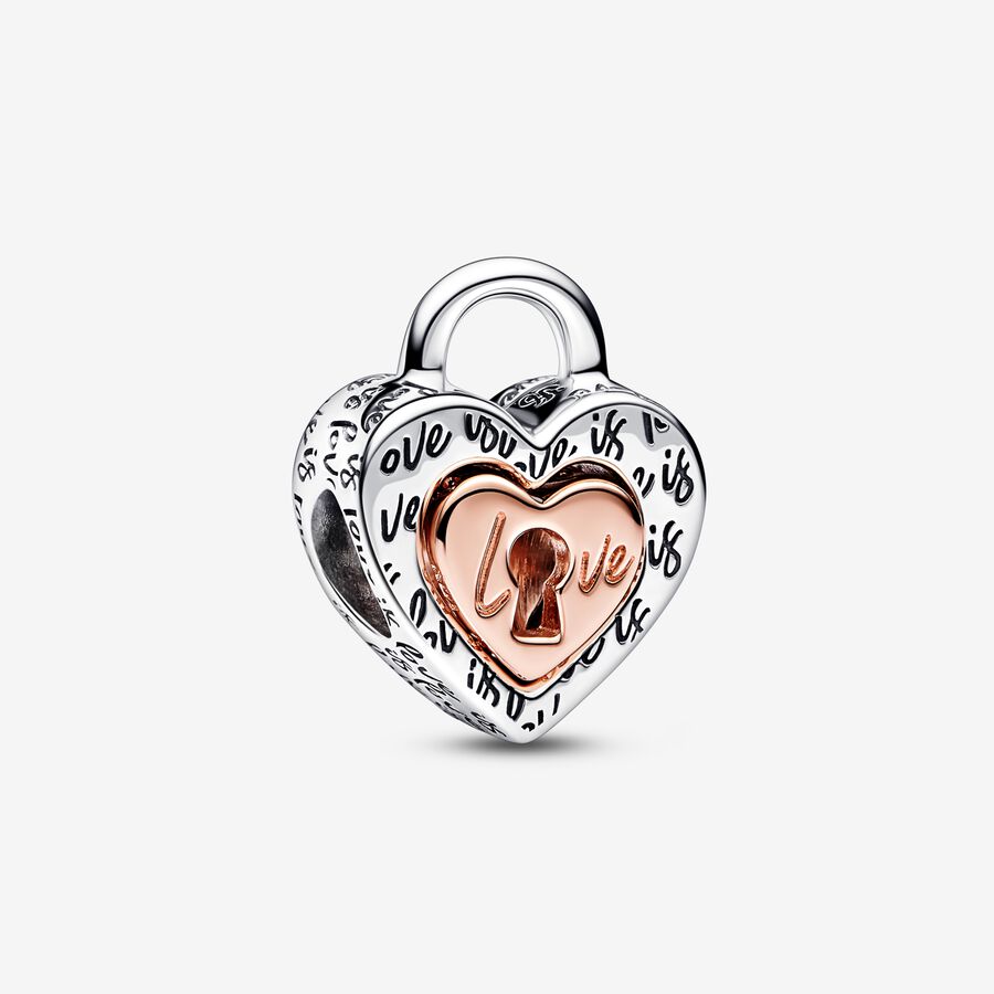 Heart padlock sterling silver and 14k rose gold-plated splitable charm image number 0