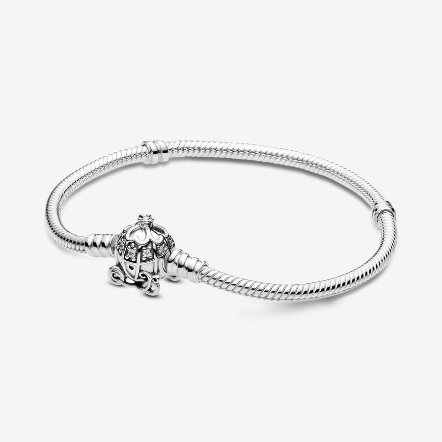 Disney snake chain sterling silver bracelet and Cinderella pumpkin coach clasp with clear cubic zirconia image number 0