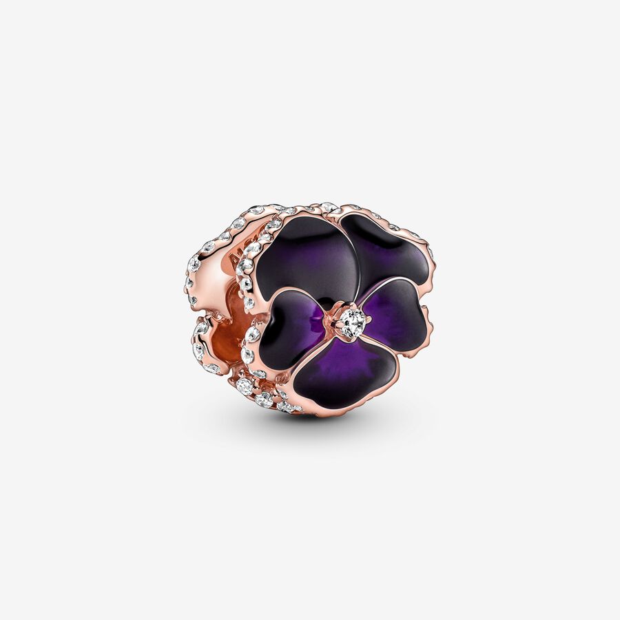 Pansy 14k rose gold-plated charm with clear cubic zirconia, shaded blue and violet enamel image number 0