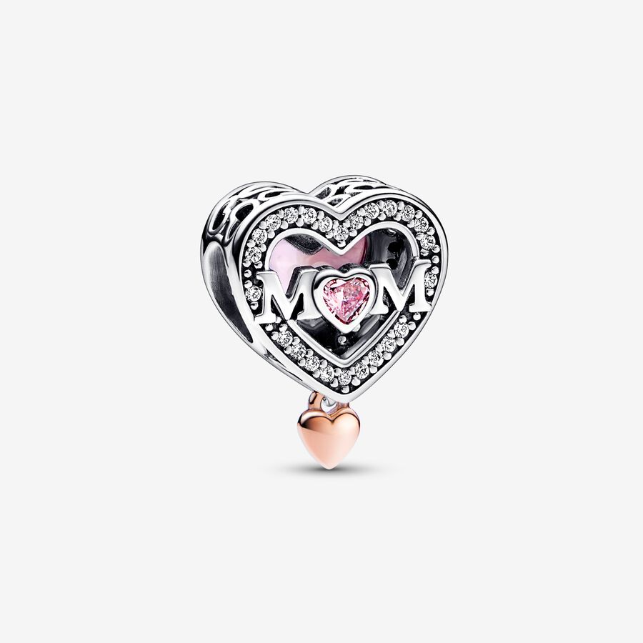 Mum heart sterling silver and 14k rose gold-plated charm with clear, fancy fairy tale pink and pink  cubic zirconia image number 0