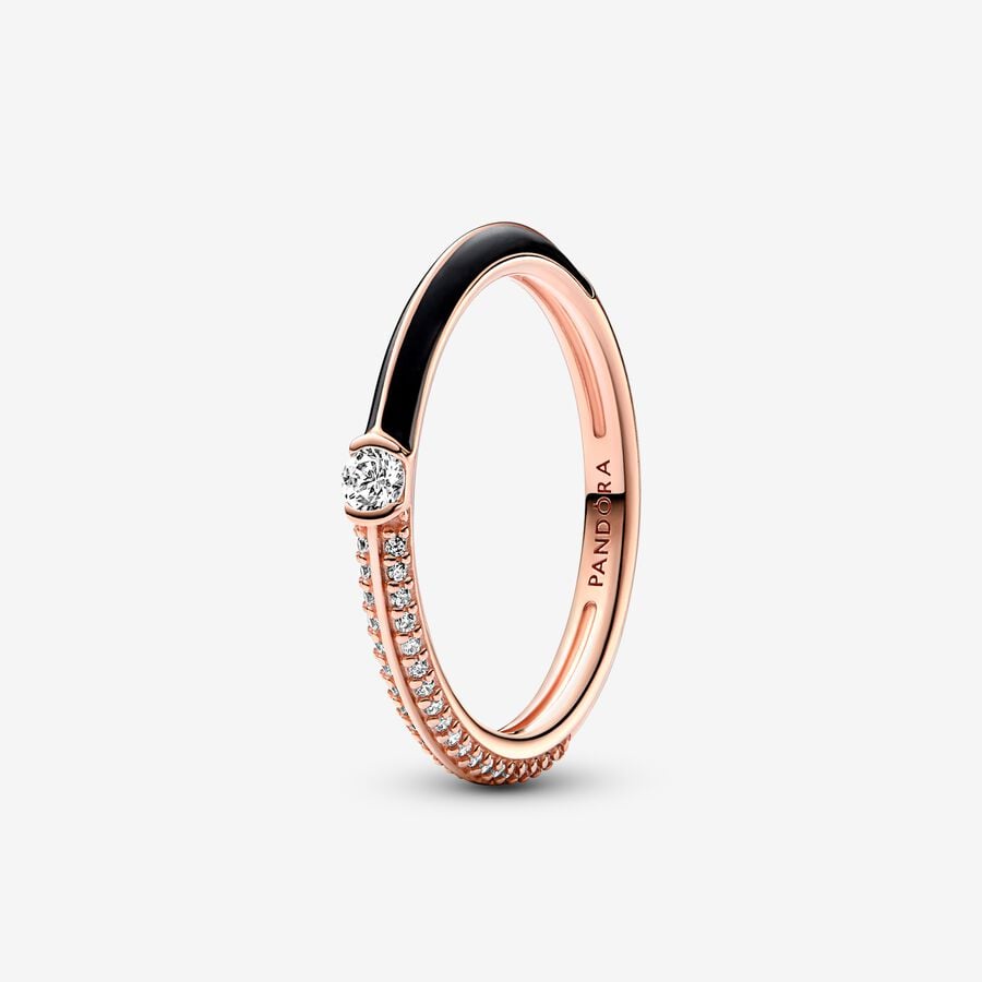 14k Rose gold-plated ring with clear cubic zirconia and black enamel image number 0
