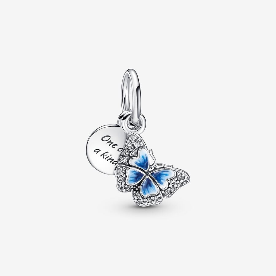 Butterfly sterling silver dangle with clear cubic zirconia, shaded blue and white enamel image number 0
