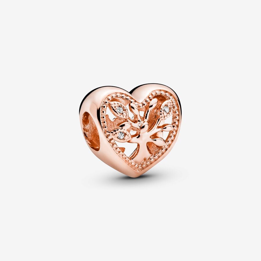 Family tree heart 14k rose gold-plated charm with clear cubic zirconia image number 0