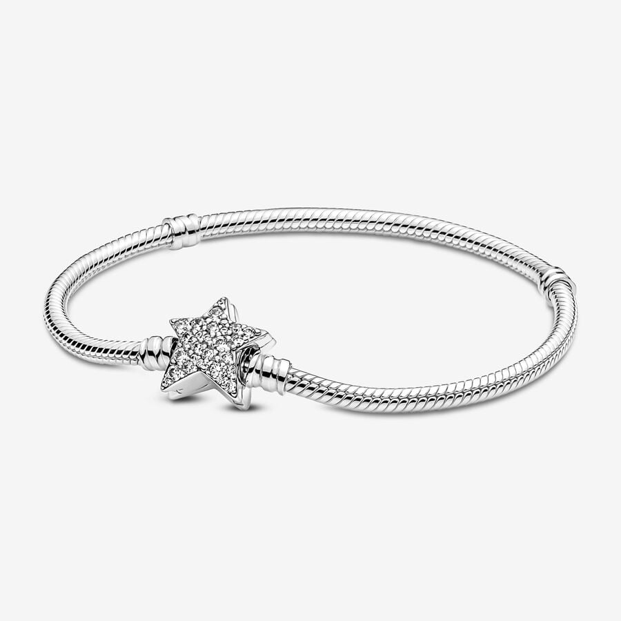 Snake chain sterling silver bracelet with star clasp and clear cubic zirconia image number 0