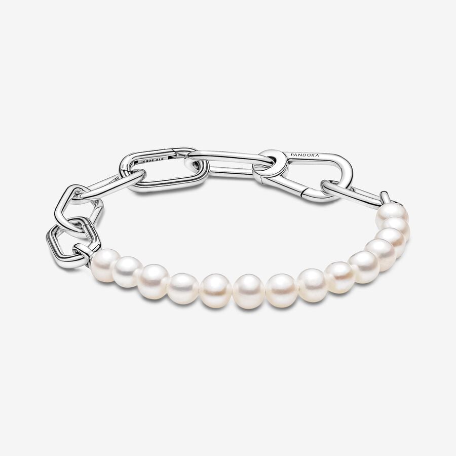 Sterling silver link bracelet with white treated freshwater cultured pearl image number 0