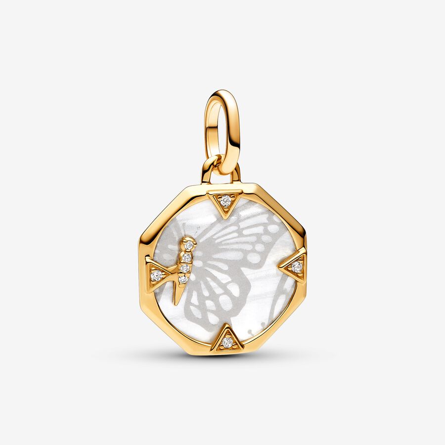 Butterfly 14k gold-plated medallion with clear cubic zirconia and white bioresin man-made mother of pearl image number 0