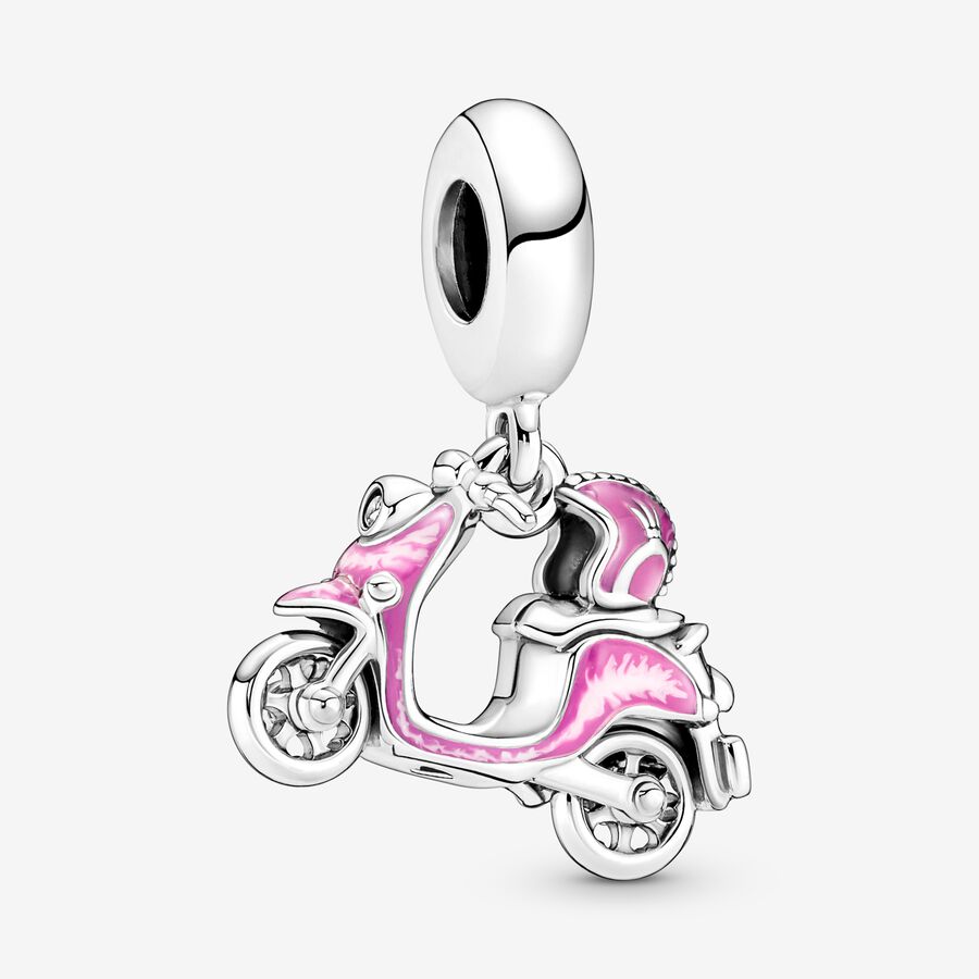 Scooter with spinning wheels sterling silver dangle with clear cubic zirconia and pink enamel image number 0