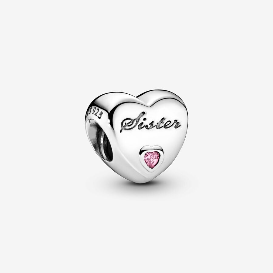 Sister heart silver charm with pink cubic zirconia image number 0