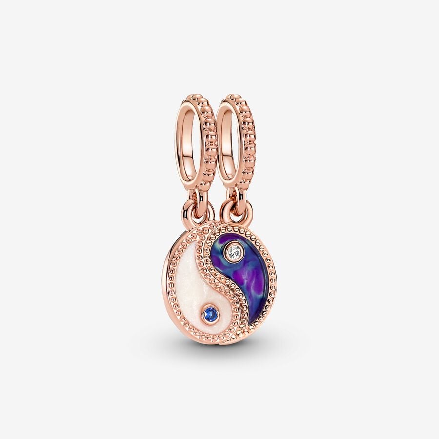 Yin and Yang 14k rose gold-plated splitable dangle with clear CZ, true blue crystal, shimmering silver white and blue enamel image number 0