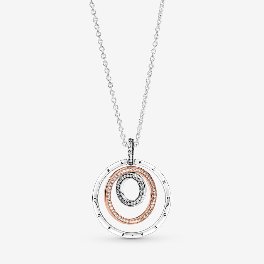 Pandora logo interlocking circles sterling silver and 14k rose gold-plated pendant with clear cubic zirconia and necklace image number 0