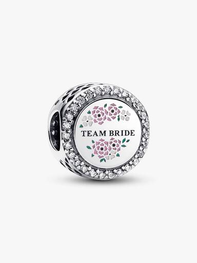 Team bride sterling silver charm with clear cubic zirconia, pink, white and green enamel