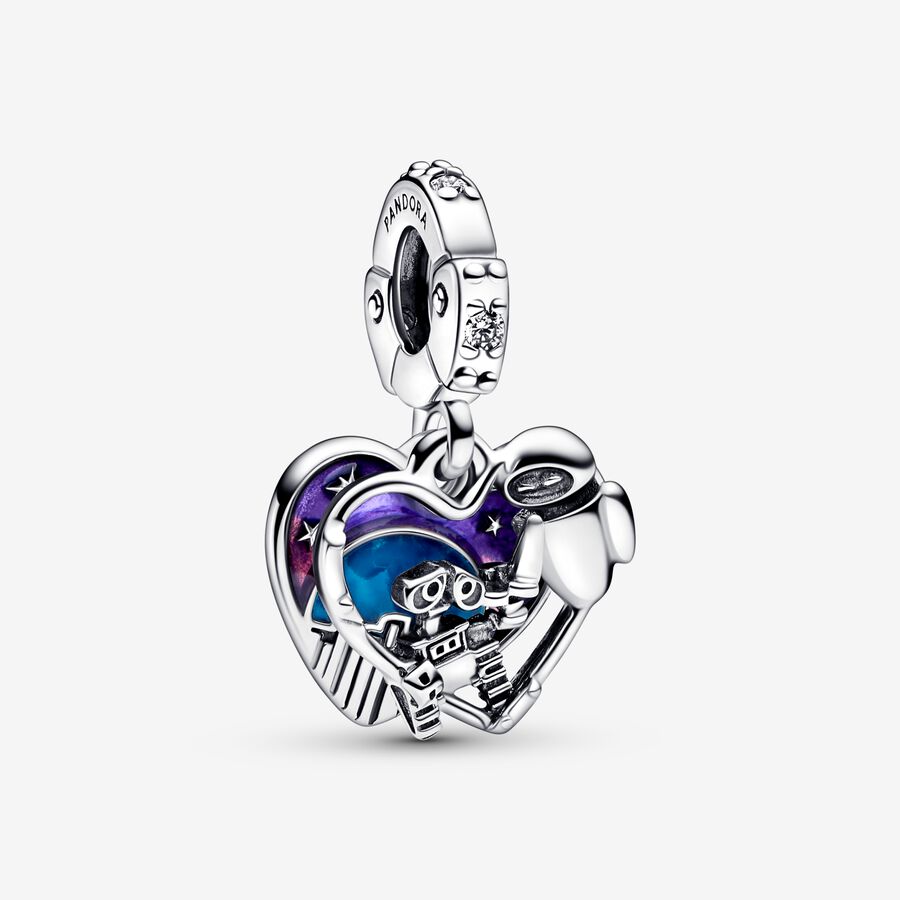 Disney Wall-E and Eve heart sterling silver double dangle with clear cubic zirconia, shaded purple to pink and blue glow in the dark enamel image number 0