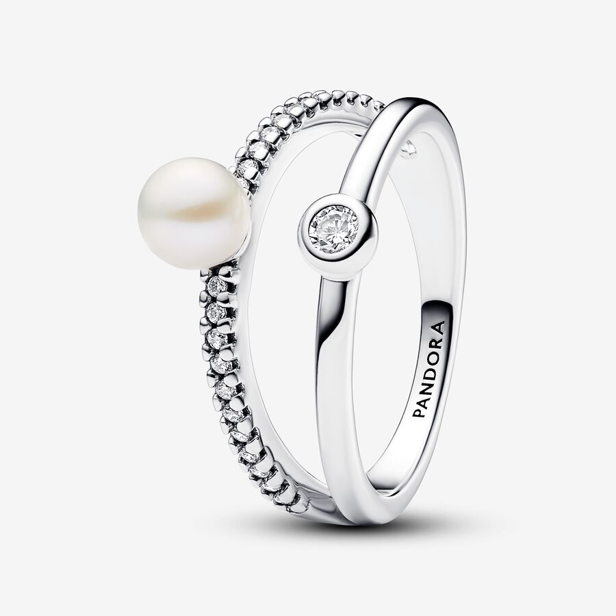 Sterling silver ring with white treated freshwater cultured pearl and clear cubic zirconia image number 0