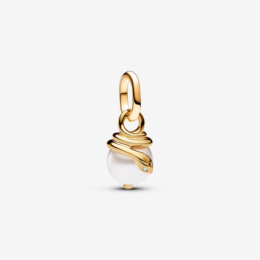 Snake 14k gold-plated mini dangle with white lacquered artificial pearl and clear cubic zirconia image number 0