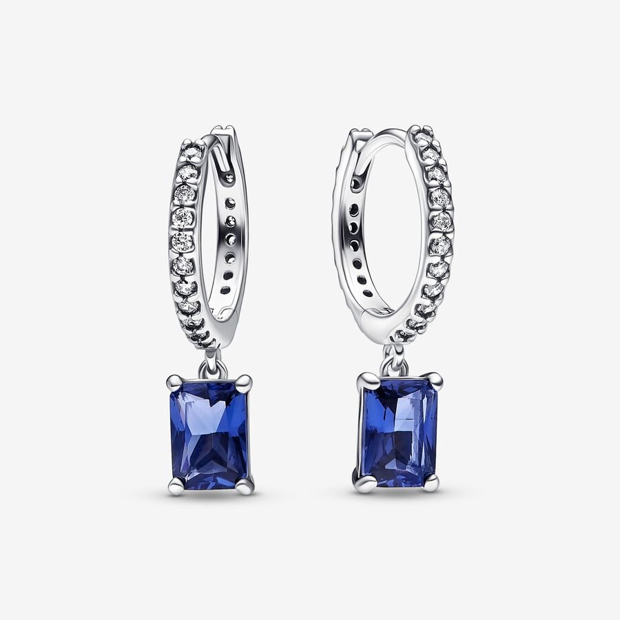 Sterling silver hoop earrings with princess blue crystal and clear cubic zirconia image number 0