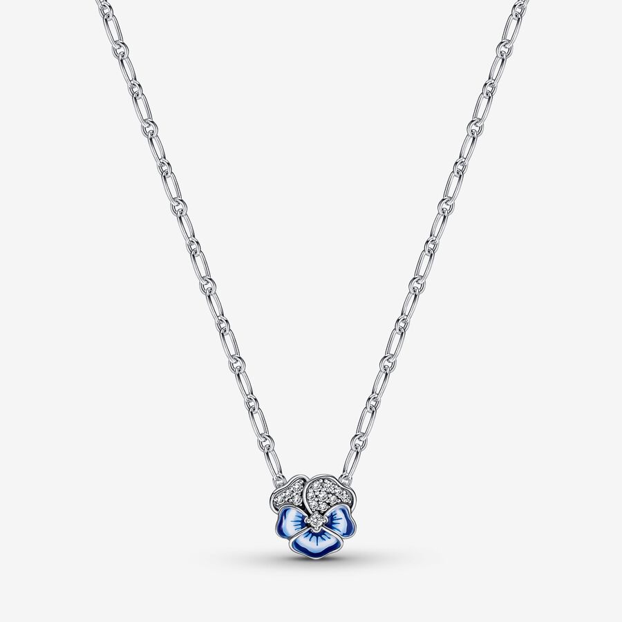Pansy sterling silver necklace with clear cubic zirconia, shaded blue and white enamel image number 0