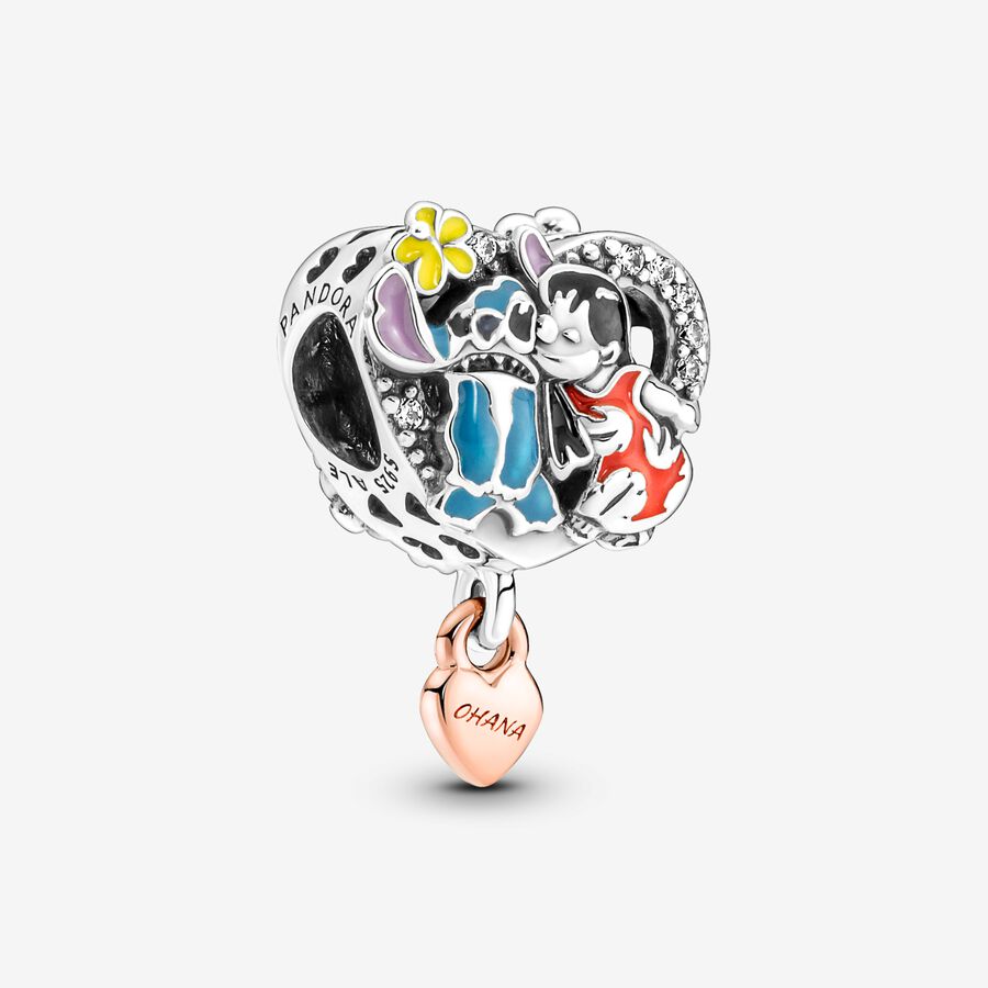 Disney Lilo and Stitch sterling silver and 14k rose gold-plated charm with clear cubic zirconia, black, red, blue, yellow, pink and purple e image number 0
