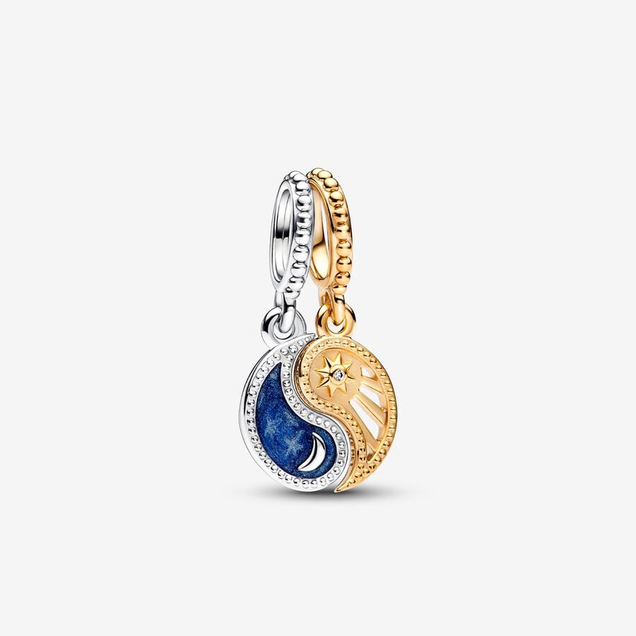 Yin and Yang sterling silver and 14k gold-plated splittable dangle with clear cubic zirconia and glittering shaded blue enamel image number 0