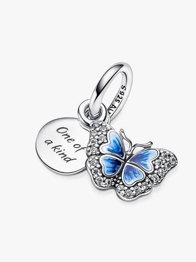 Charm Pendant Double Papillon Bleu & Citation