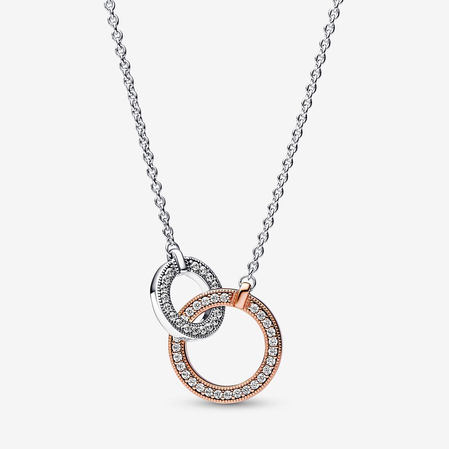 Pandora logo intertwined circle sterling silver and 14k rose gold-plated collier with clear cubic zirconia image number 0