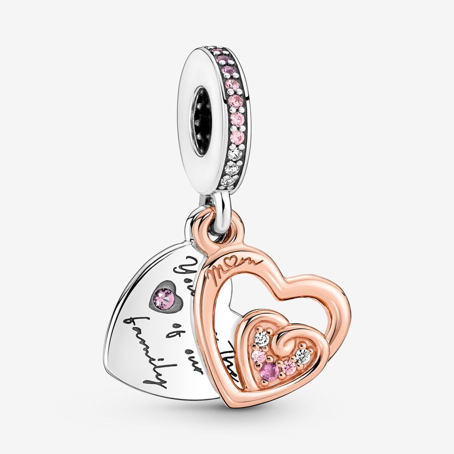 Double heart sterling silver and 14k rose gold-plated dangle with clear and fancy fairy tale pink cubic zirconia, phlox pink crystal image number 0