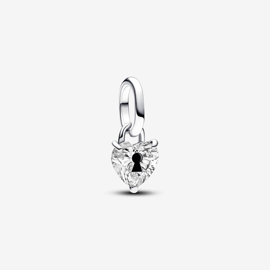 Keyhole heart sterling silver mini dangle with clear cubic zirconia and black enamel image number 0