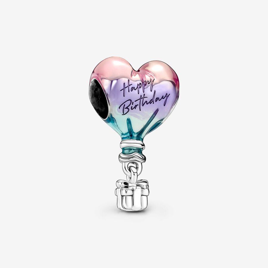 Happy Birthday balloon sterling silver charm with shaded transparent pink, purple and blue enamel image number 0