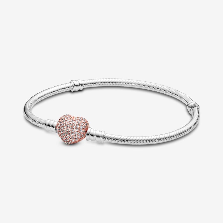 Snake chain silver bracelet with 14k rose gold-plated heart clasp and clear cubic zirconia image number 0