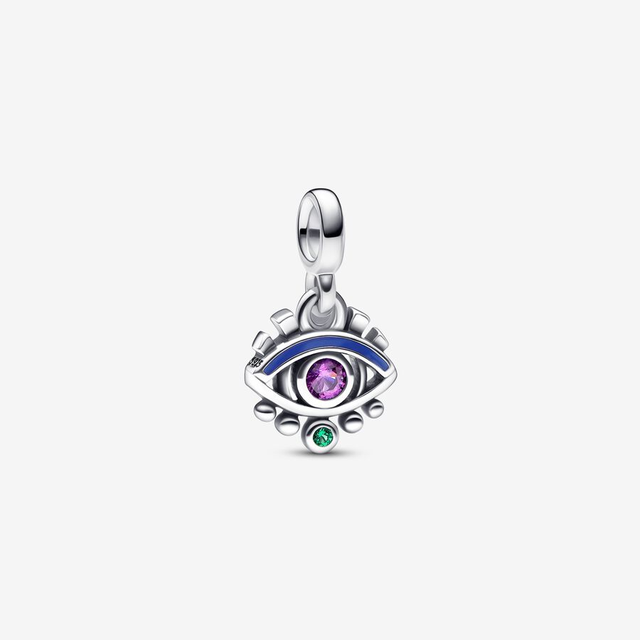 Eye sterling silver mini dangle with royal purple crystal, royal green crystal and blue enamel image number 0