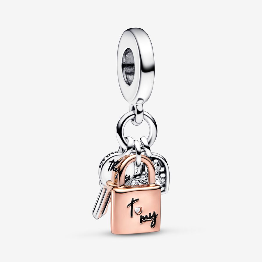 Padlock, key and heart sterling silver and 14k rose gold-plated dangle with clear cubic zirconia and black enamel image number 0
