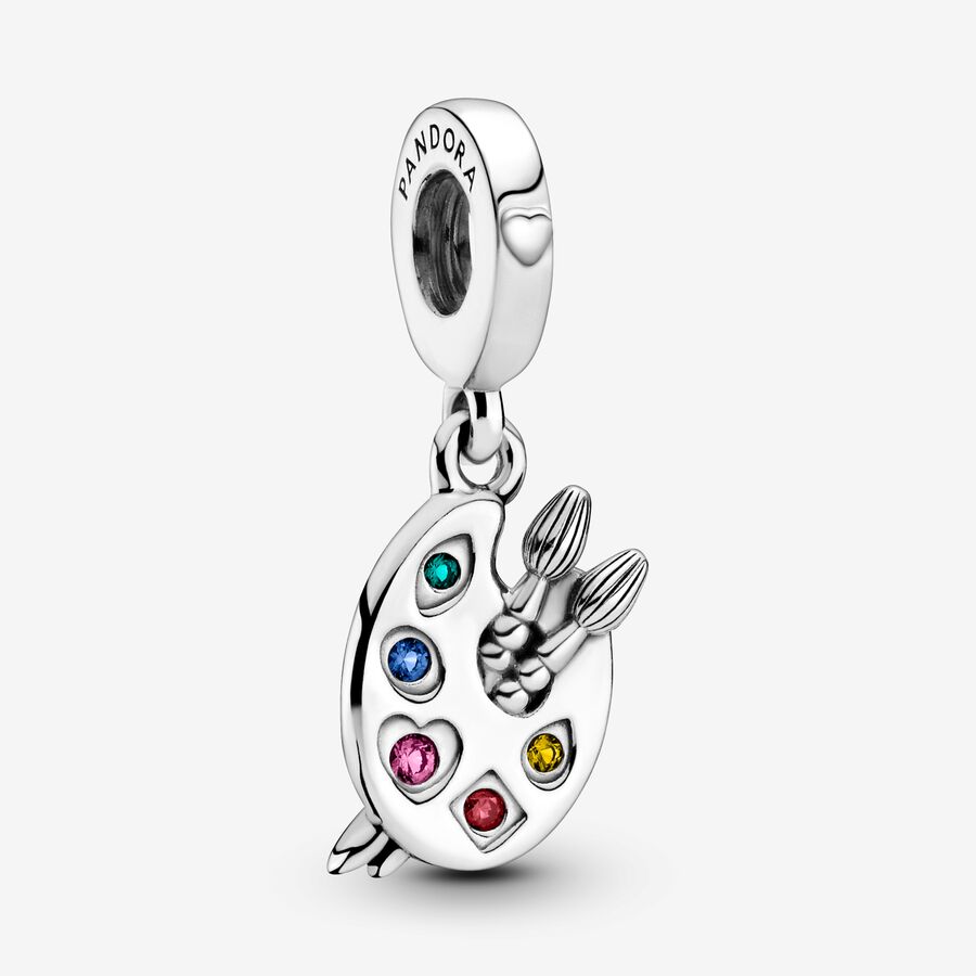 Artists palette sterling silver dangle with red cubic zirconia, phlox pink, blazing yellow and lake green and stella blue crystal image number 0