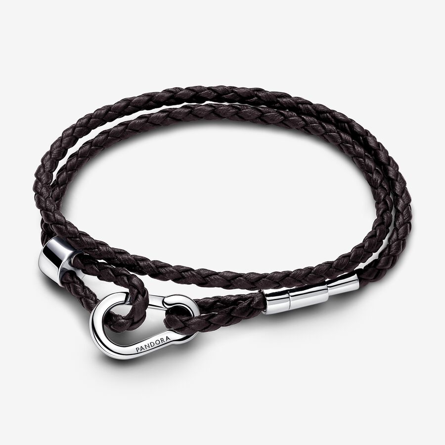 Brown braided double leather bracelet with sterling silver clasp image number 0
