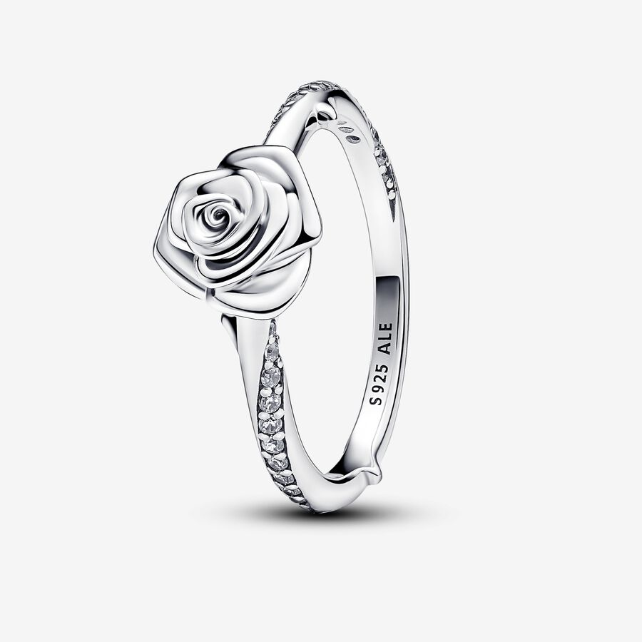 Rose sterling silver ring with clear cubic zirconia image number 0