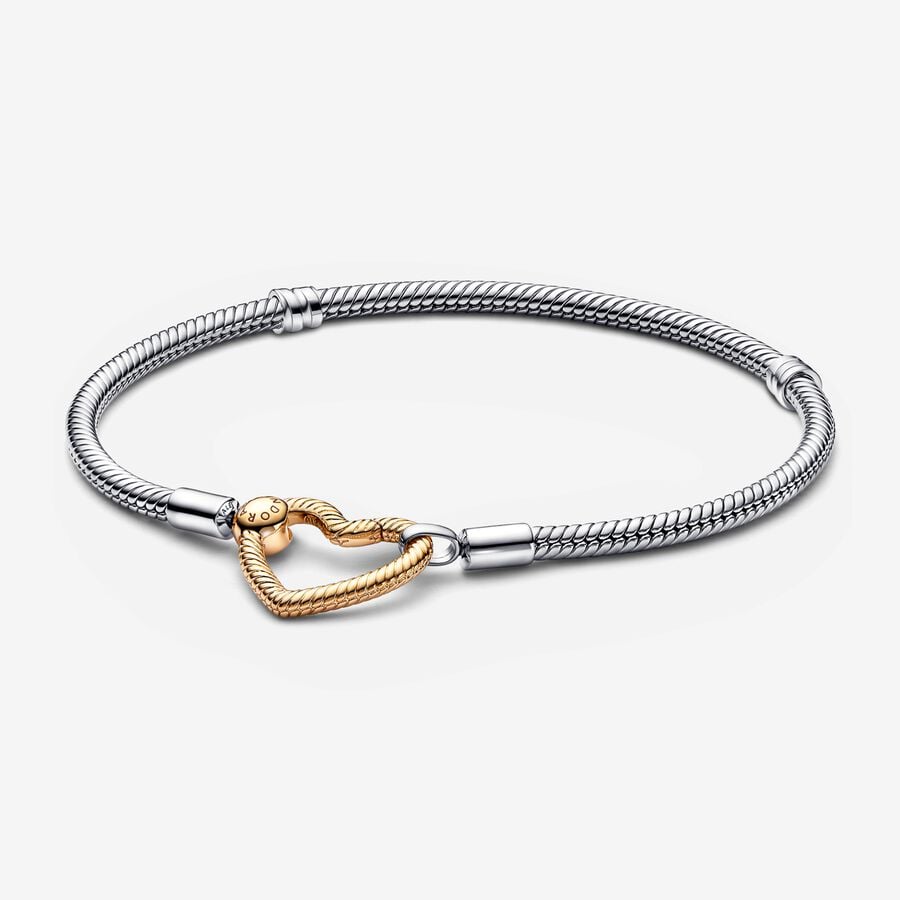 Snake chain sterling silver bracelet with 14k gold-plated heart clasp image number 0