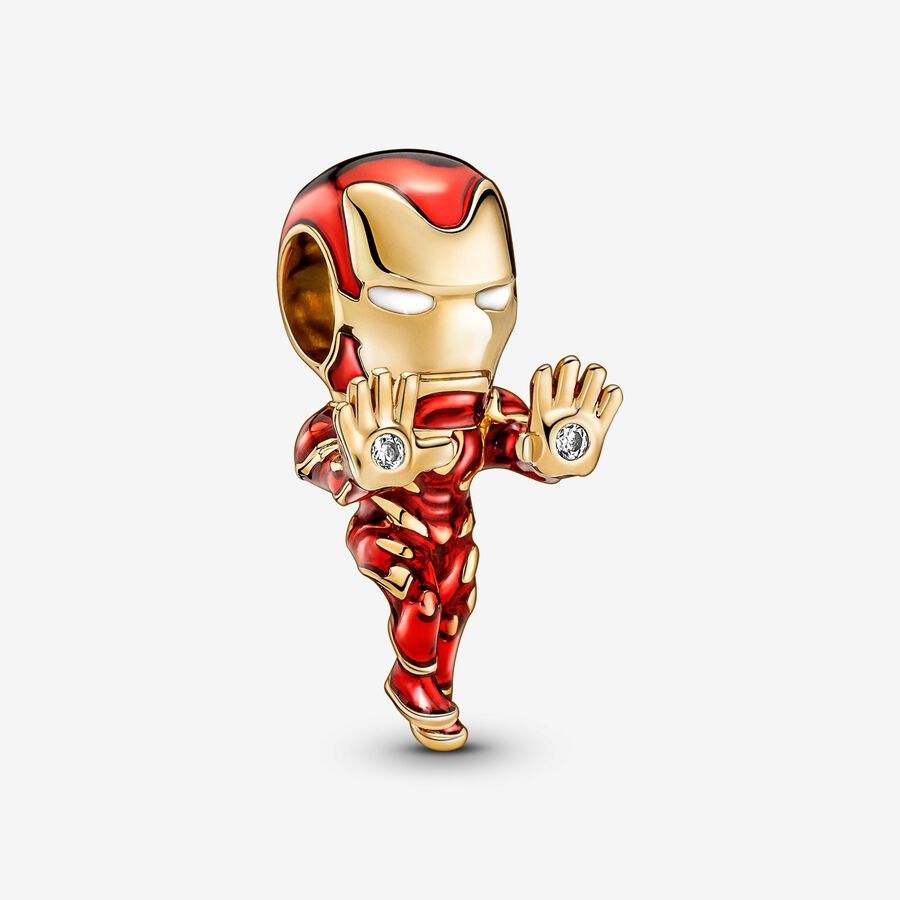 Marvel Iron Man 14k gold-plated charm with clear cubic zirconia, red, black and white enamel image number 0