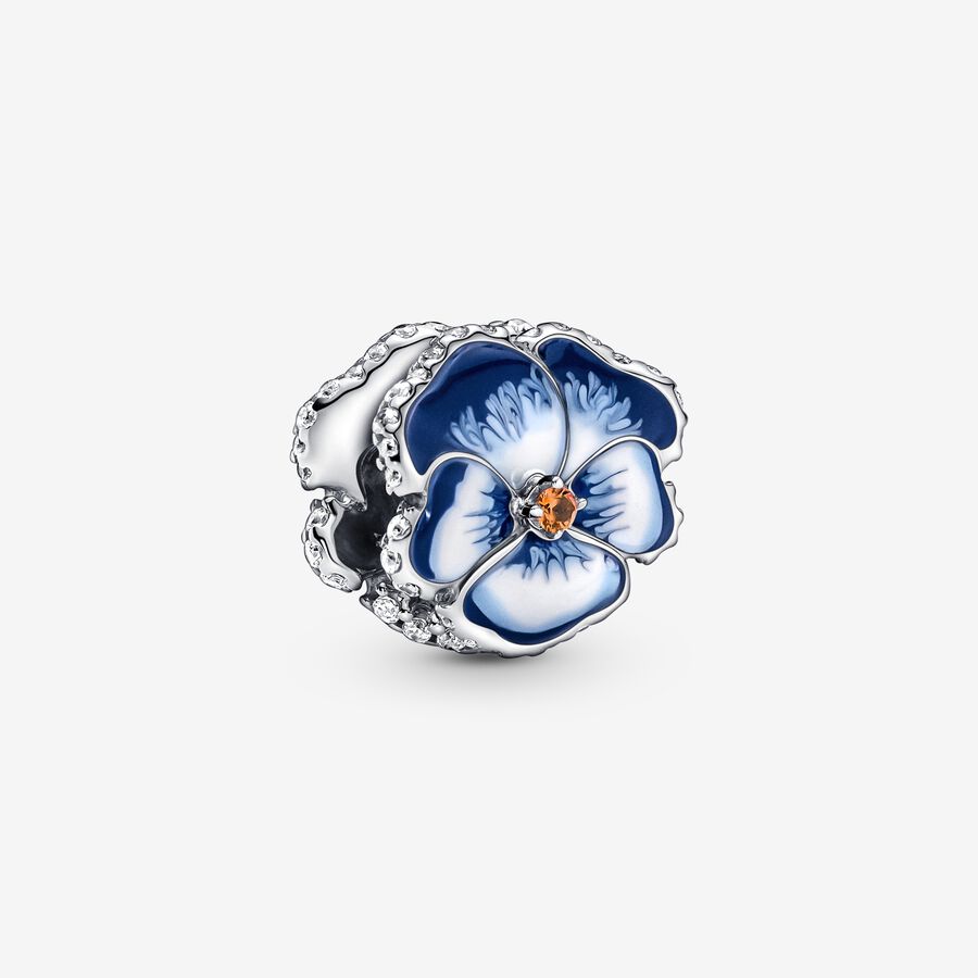 Pansy sterling silver charm with clear cubic zirconia, burnt orange crystal, shaded blue and white enamel image number 0