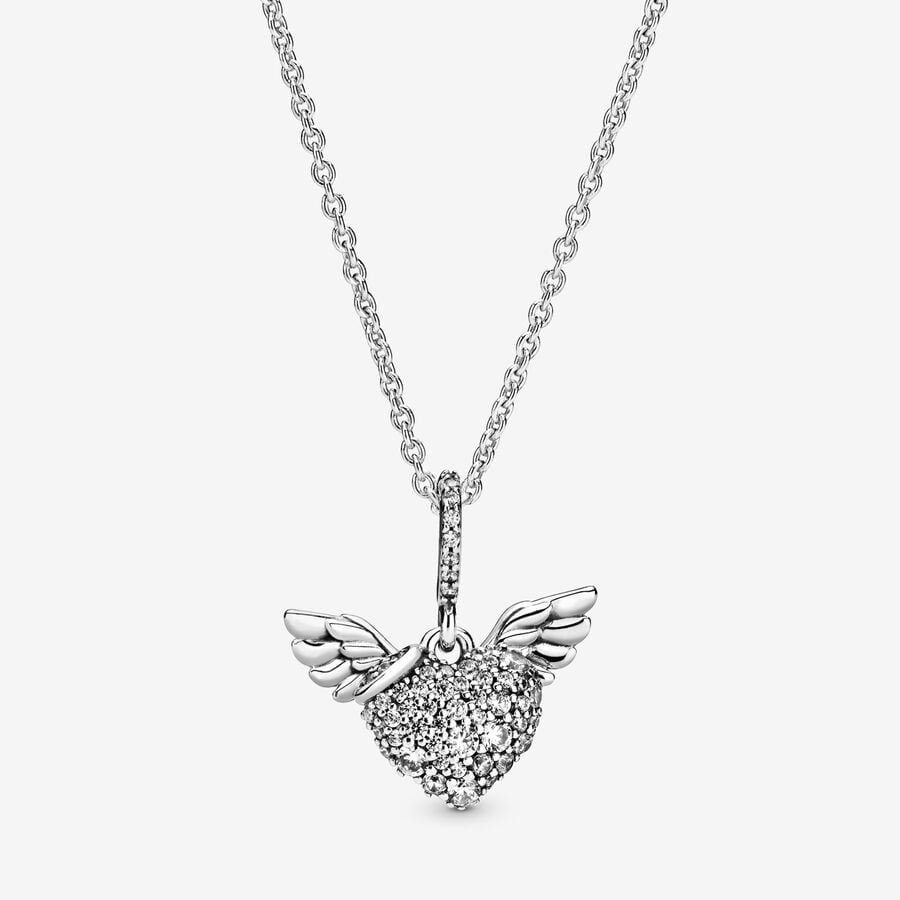 Heart and wings sterling silver pendant with clear cubic zirconia and necklace image number 0