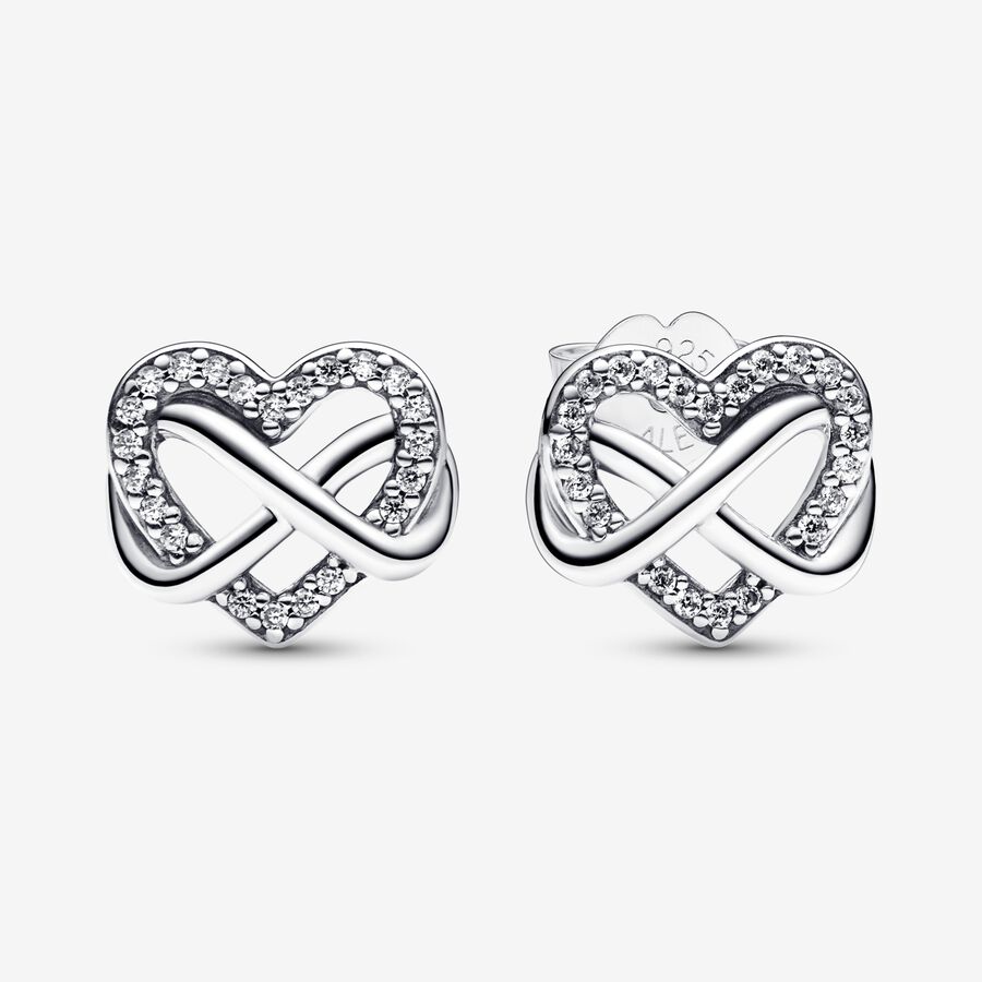 Infinity heart sterling silver stud earrings with clear cubic zirconia image number 0