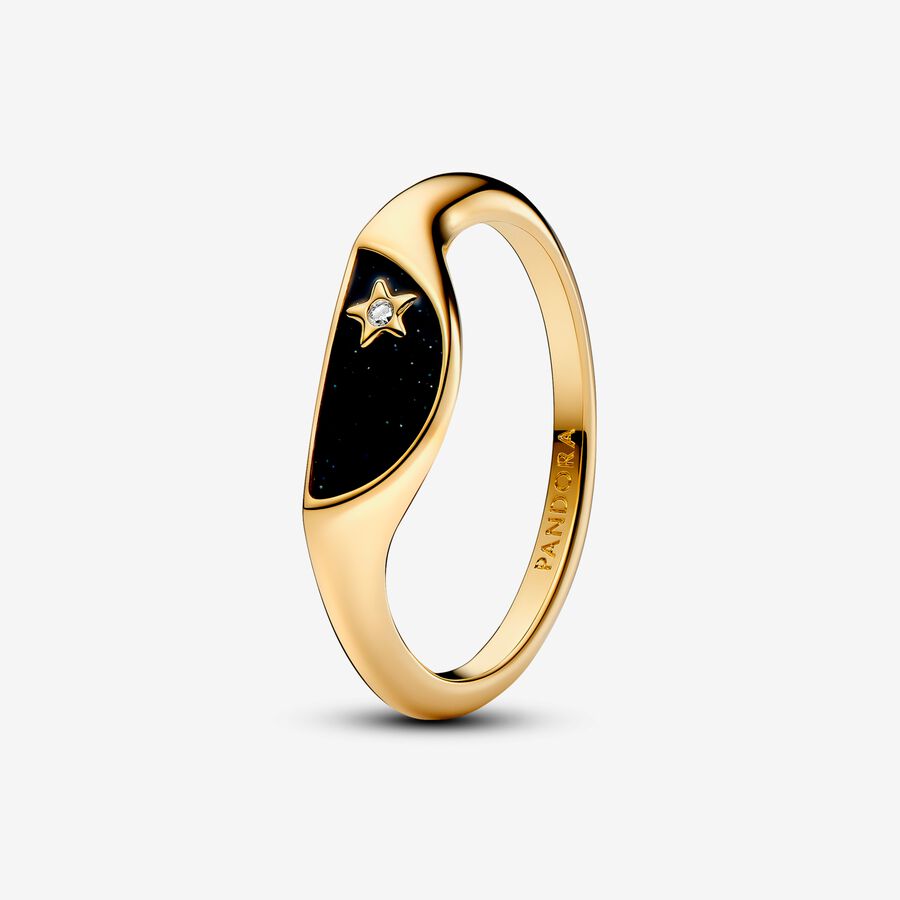 Halved signet 14k gold-plated ring with clear cubic zirconia and glittery black enamel image number 0