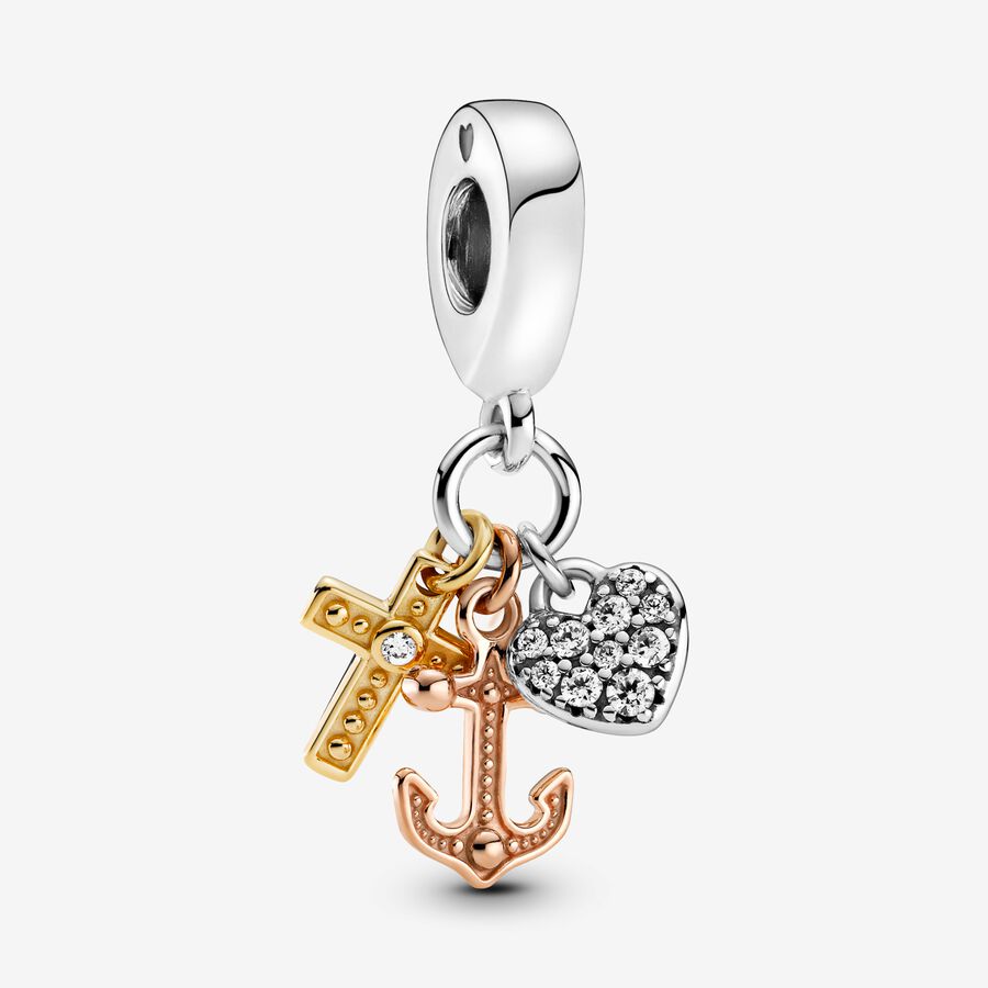 Anchor, heart and cross in sterling silver, 14k gold-plated and 14k rose gold-plated dangle with clear cubic zirconia image number 0