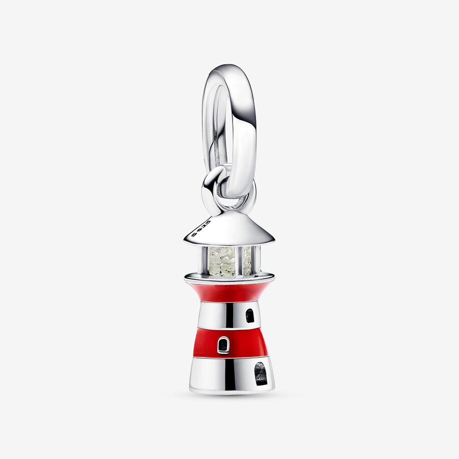 Lighthouse sterling silver dangle with red enamel and milky green photoluminescent glass image number 0
