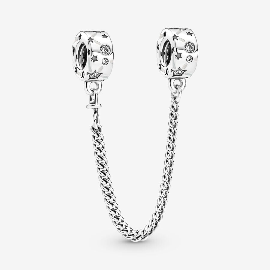 Constellation sterling silver safety chain with clear cubic zirconia and shimmering silver white enamel image number 0