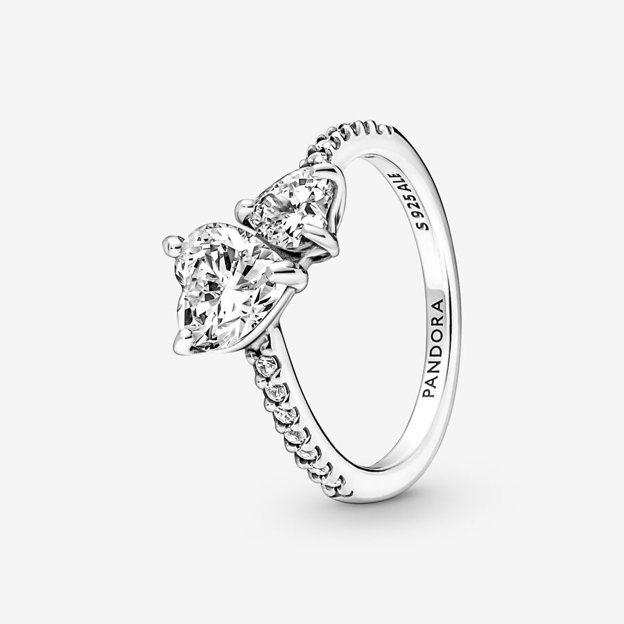 Double heart sterling silver ring with clear cubic zirconia image number 0
