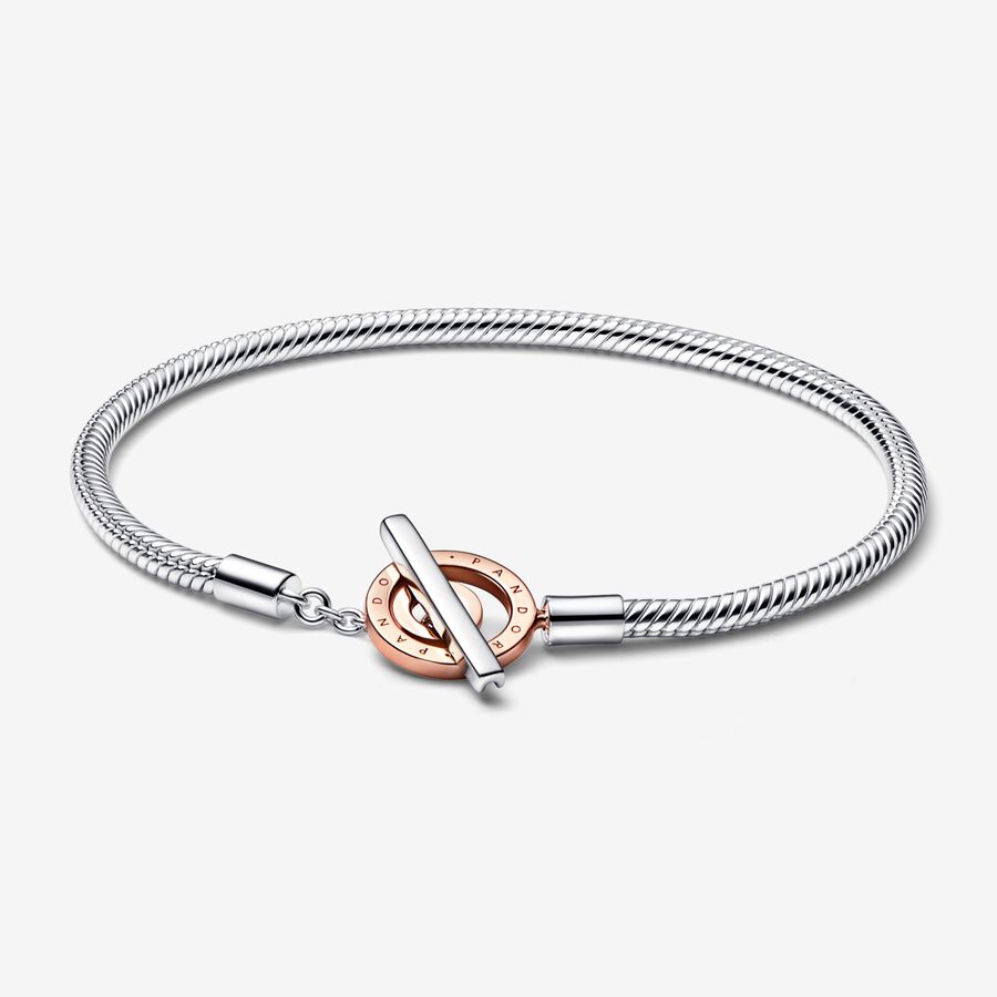 Snake chain sterling silver and 14k rose gold-plated toggle bracelet image number 0