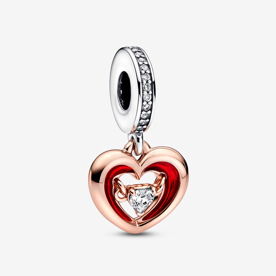 Open heart sterling silver and 14k rose gold-plated dangle with clear cubic zirconia and red enamel image number 0