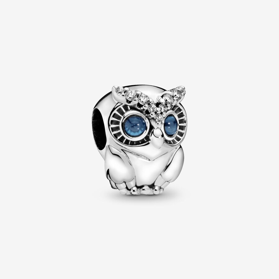 Owl sterling silver charm with bright cobalt blue crystal and clear cubic zirconia image number 0