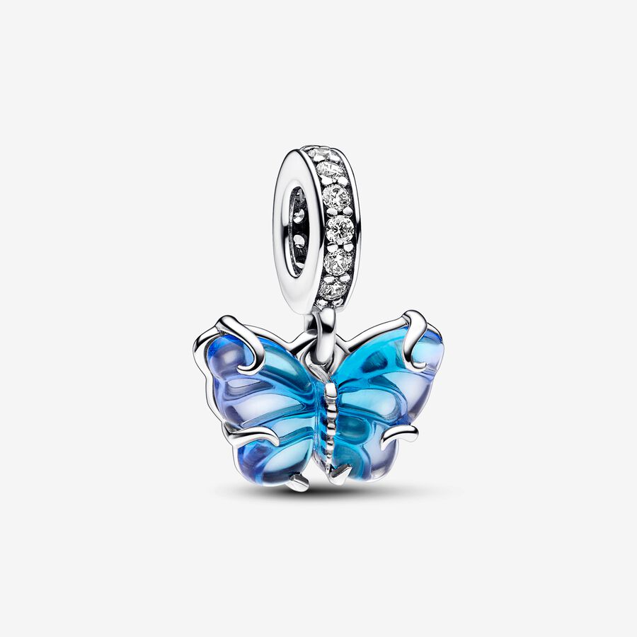 Butterfly sterling silver dangle with bi-colour blue Murano glass and clear cubic zirconia image number 0