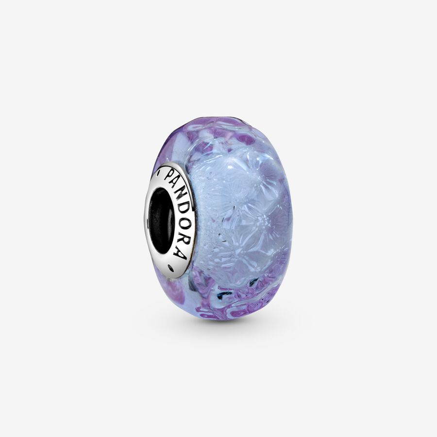 Wavy sterling silver charm with iridescent and lavender Murano glass image number 0