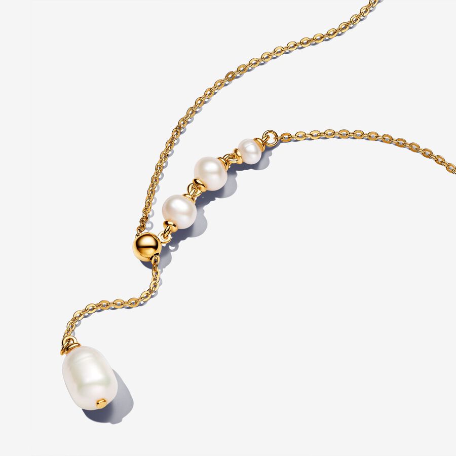 14k Gold-plated drop necklace with white treated freshwater cultured pearl and sliding clasp image number 0