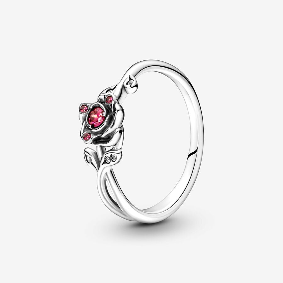 Disney Beauty and the Beast rose sterling silver ring with red and clear cubic zirconia image number 0